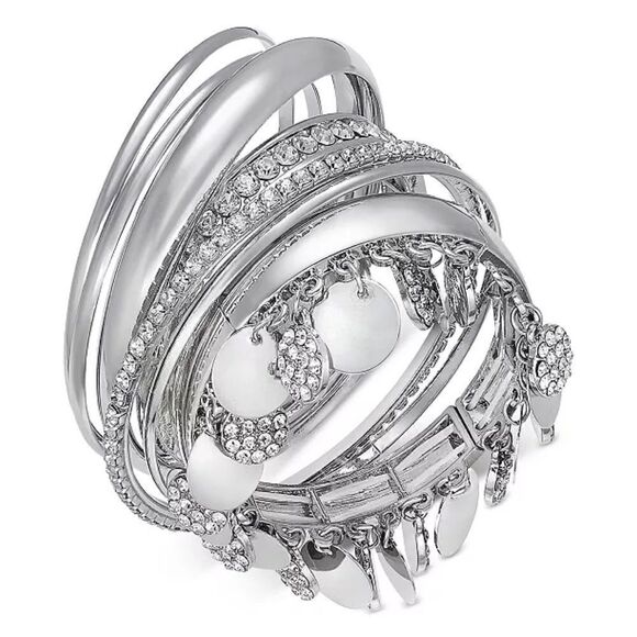 Style & Co 7 Piece Set Crystal & Printed Insert Bangle Bracelets Silver Tone NWT - Picture 1 of 4